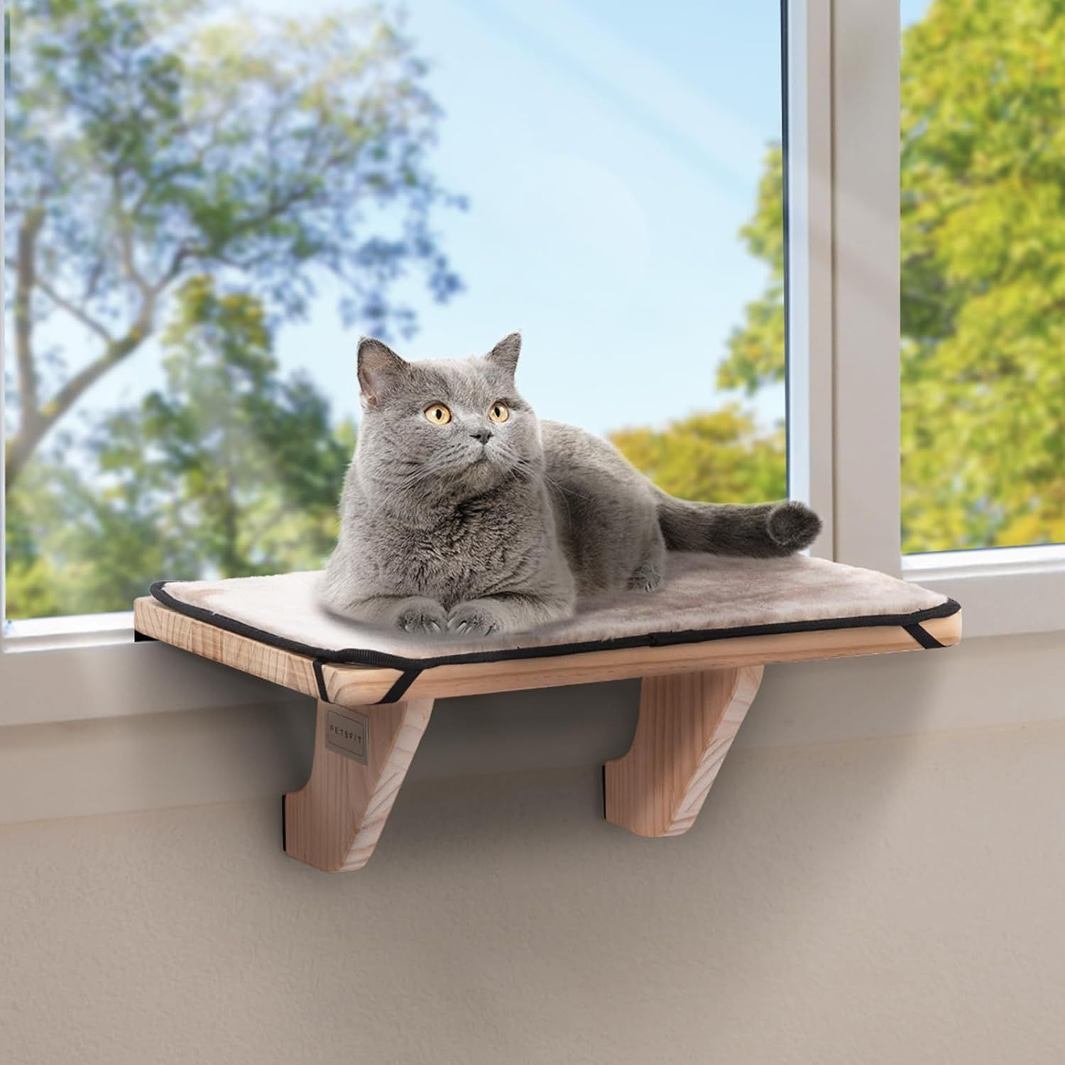 Petsfit 猫窓ベッド 窓用ハンモック 猫ハンモック 木製 窓用座り台 物理固定で落下防止 10kg耐荷重 洗えるマット付き 取り付け簡単 日向ぼっこや眺望に最適 ストレス解消 省スペース 賃貸 猫へのプレゼント クリスマスギフト 新居祝いにも 日本語mt