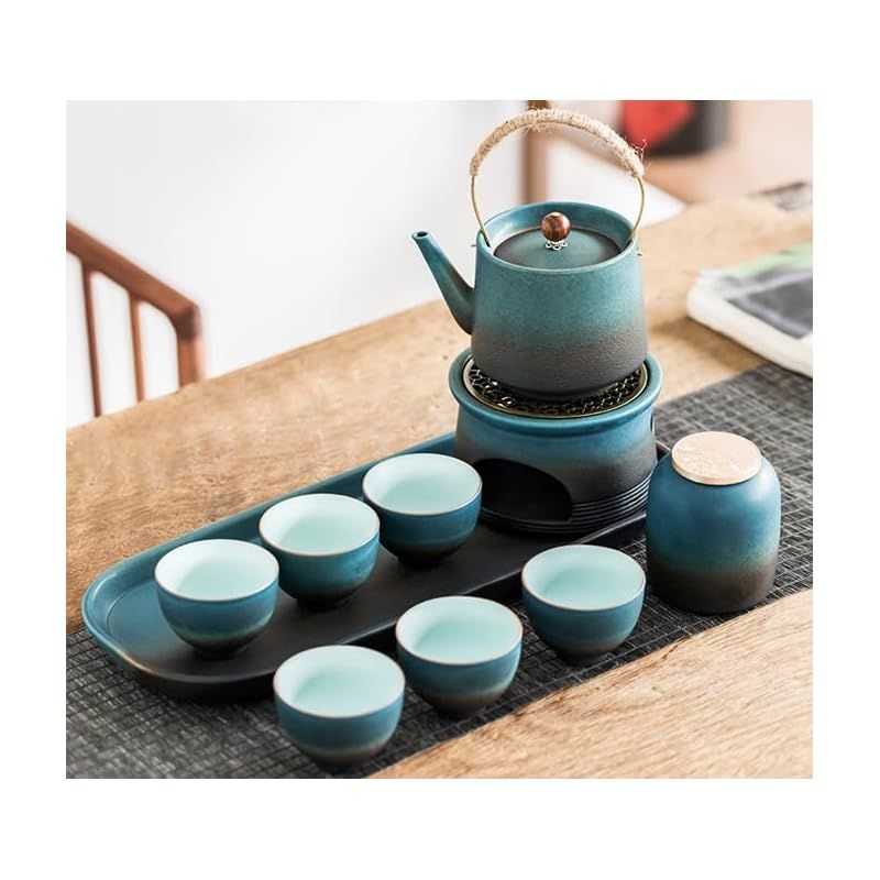 【新品】 MiniMood 伝統的な古藍陶磁器茶器セット, セラミック製, 手工芸品, ティーポットと茶碗10点セット, キャンドル保温機能付き (銅ハンドルティーポットセット)