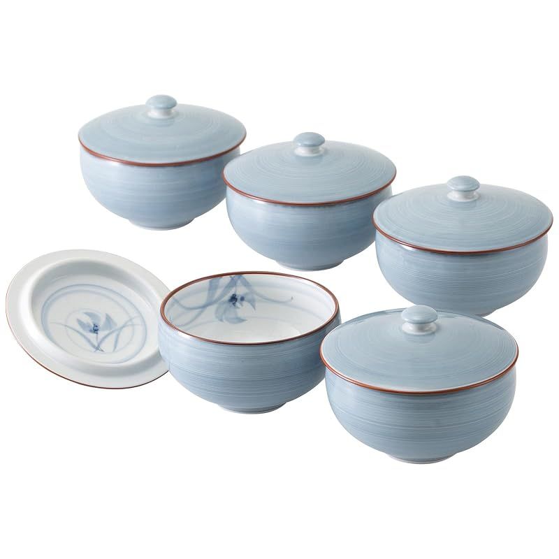【新品】 西海陶器 波佐見焼 「 グレー蘭 」 湯呑み 5点セット 蓋付 食器セット カップ 煎茶碗 汲出 直径約9.5×高さ7.5cm 電子レンジ 食洗機対応 日本製