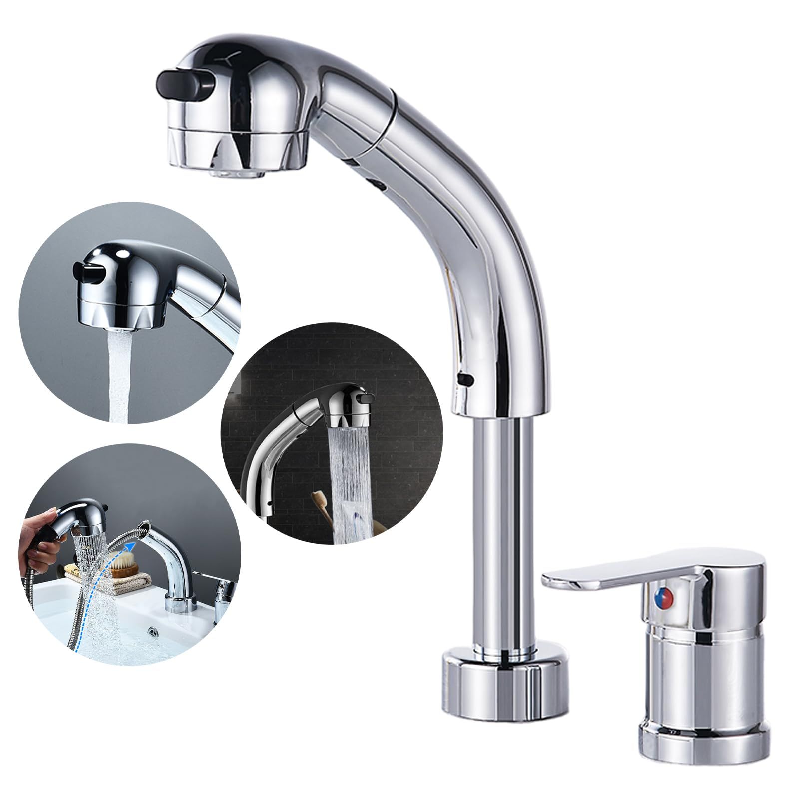 ★新品★洗面台蛇口 2穴 浴室用水栓 スプレー 引き出し式 洗面台 水栓、高さ調節可能 2つのスプレーモード付き 360°回転ノズル 洗面水栓 クローム、温水・冷水ホース付き 蛇口 シャワー 混合栓 f53a23fc