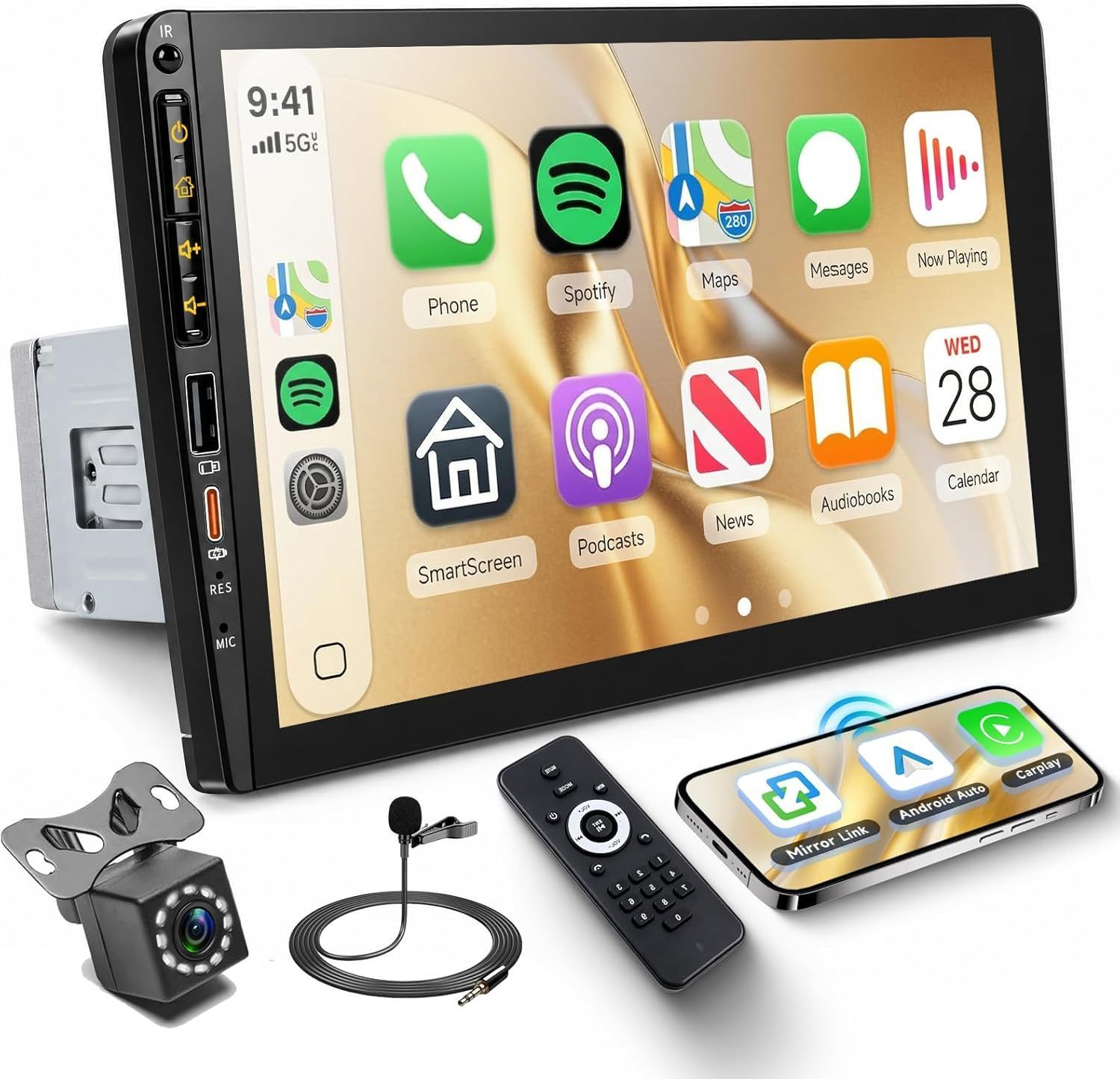 1DIN カーオーディオ ワイヤレス CarPlay/Android Auto 搭載 ミラーリンク対応 シングル DIN 9 インチ IPS タッチスクリーンカーステレオ Bluetooth
