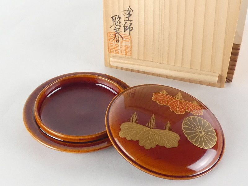 飛騨春慶 古渓堂「春慶塗 高台寺絵 香合」共箱 在銘 茶道具