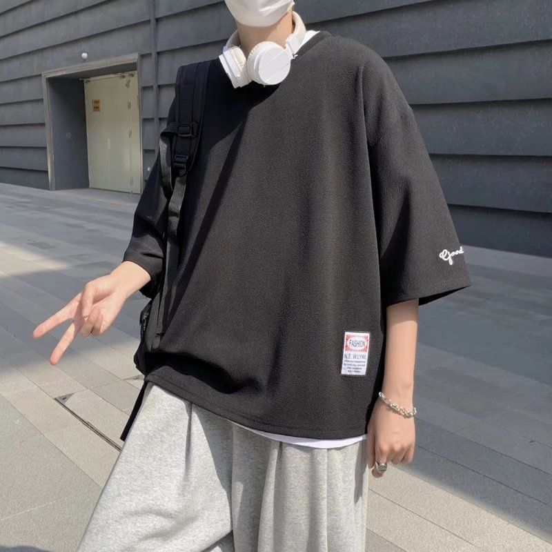 Tシャツ メンズ 無地袖刺繍 ルーズ ビッグシルエット 五分袖 トップス カジュアル ゆったり 半袖Tシャツ 無地薄手 レイヤード 夏 夏服 ファッション  thumbnail 7