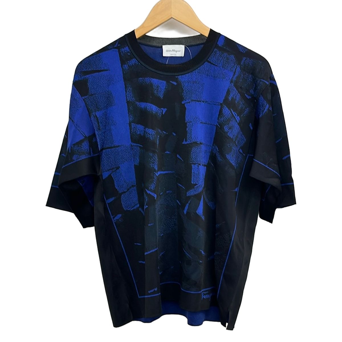 FERRAGAMO/SalvatoreFerragamo(サルバトーレフェラガモ) 半袖セーター サイズL レディース美品 - 黒×ブルー クルーネック