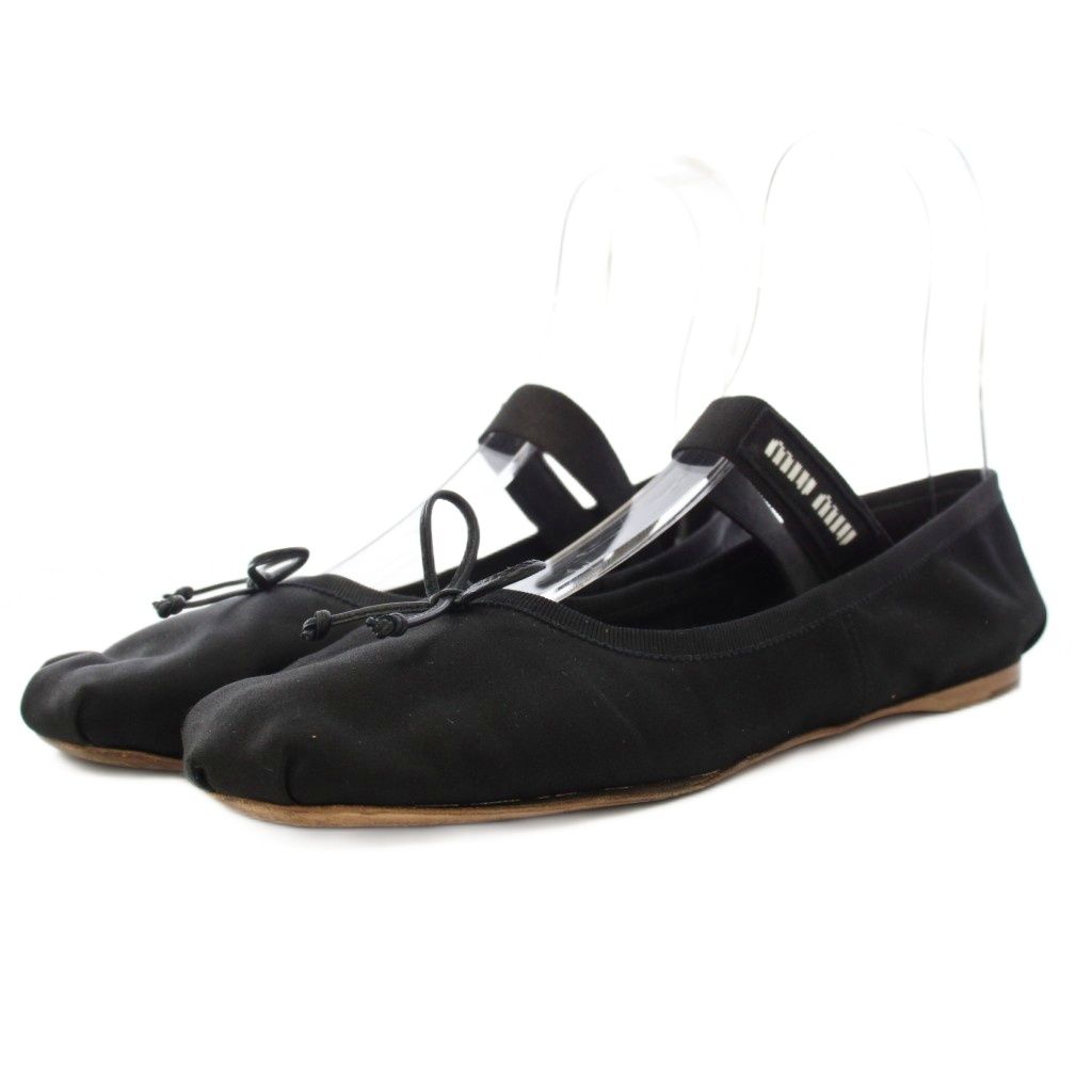 Miu Miu Miumiu Satin Ballerina Ballet Shoes Flat Shoes Rubber Belt Logo 38.5 Black Black/TK