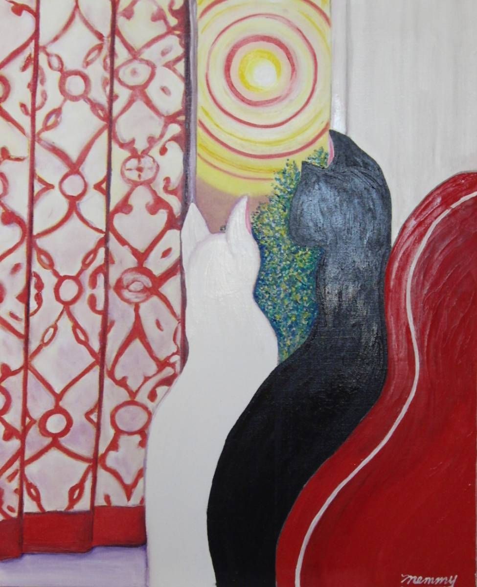 ≪国美協≫、佐藤めみ、『月あかりに猫とギター』、油彩画、F15号：65,2×53,0cm、油絵一点物、新品高級油彩額付、直筆サイン・真作保証付