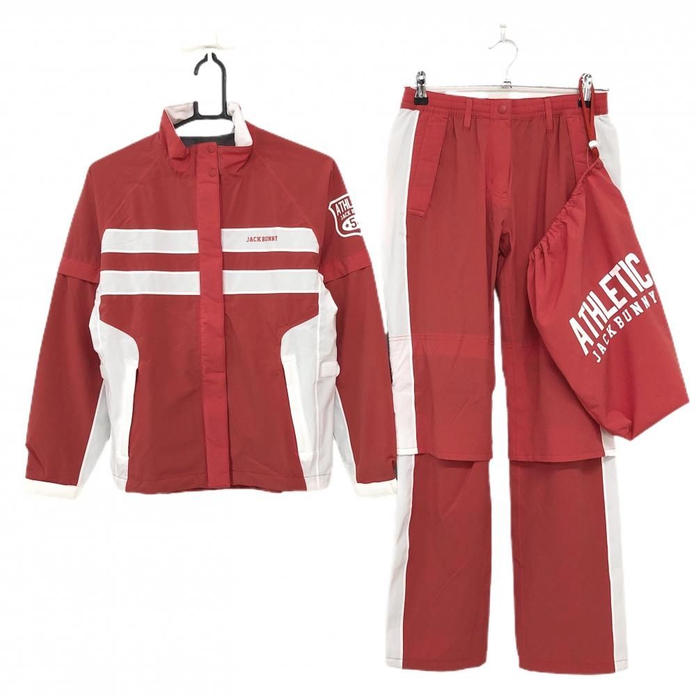 【美品】ジャックバニー レインウェア(2WAYジャケット×パンツ) レッド×白 袖着脱可 レディース 0(S) ゴルフウェア Jack Bunny