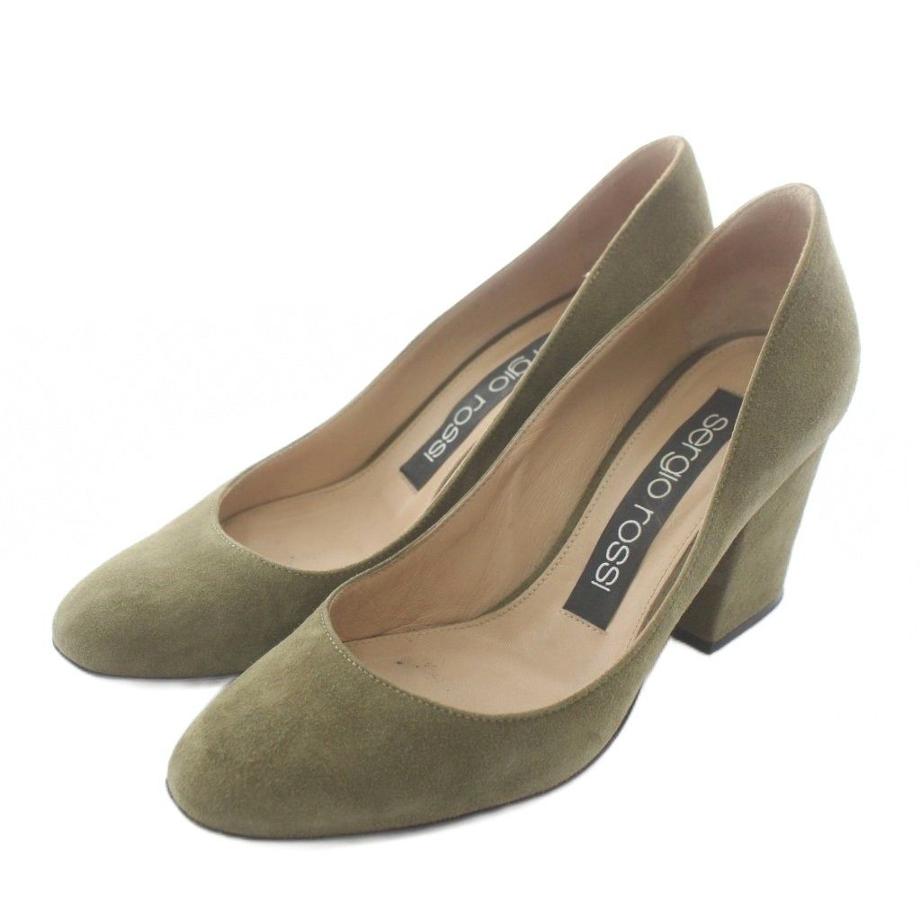 Sergio Rossi Sergio Rossi Pumps Suede Round Toe Chunky Heels 36 23cm Khaki/XZ ■GY18