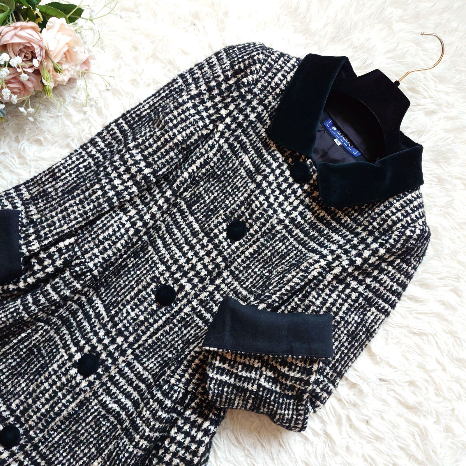 M'S GRACY チェック柄 ロングコート 38 美品】M'S GRACY エムズグレイシー 2way 襟ベロア チェック柄 ツイード
