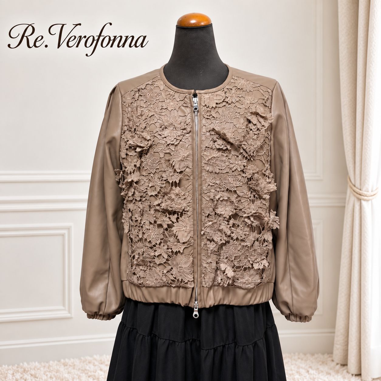 Re Verofonna 花柄レース　ジャケット 38 Re.Verofonna ヴェロフォンナ 秋 フェイクレザー 花柄レース 切替
