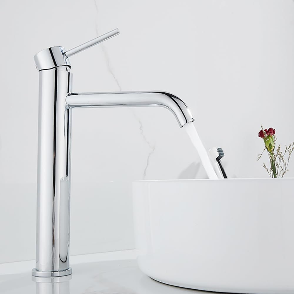 ★新品★洗面用水栓 洗面台蛇口 シングルレバー 混合水栓 浴室混合栓 手洗いボウル用 水栓金具 立水栓 高さ283mm 高台の洗面器に適しています シンプルなスタイル 取り付けホース付き クロム e04eedcd