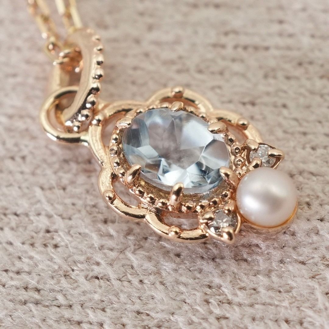 美品 アガット 淡水パール×アクアマリン K10 ネックレス /25-3101