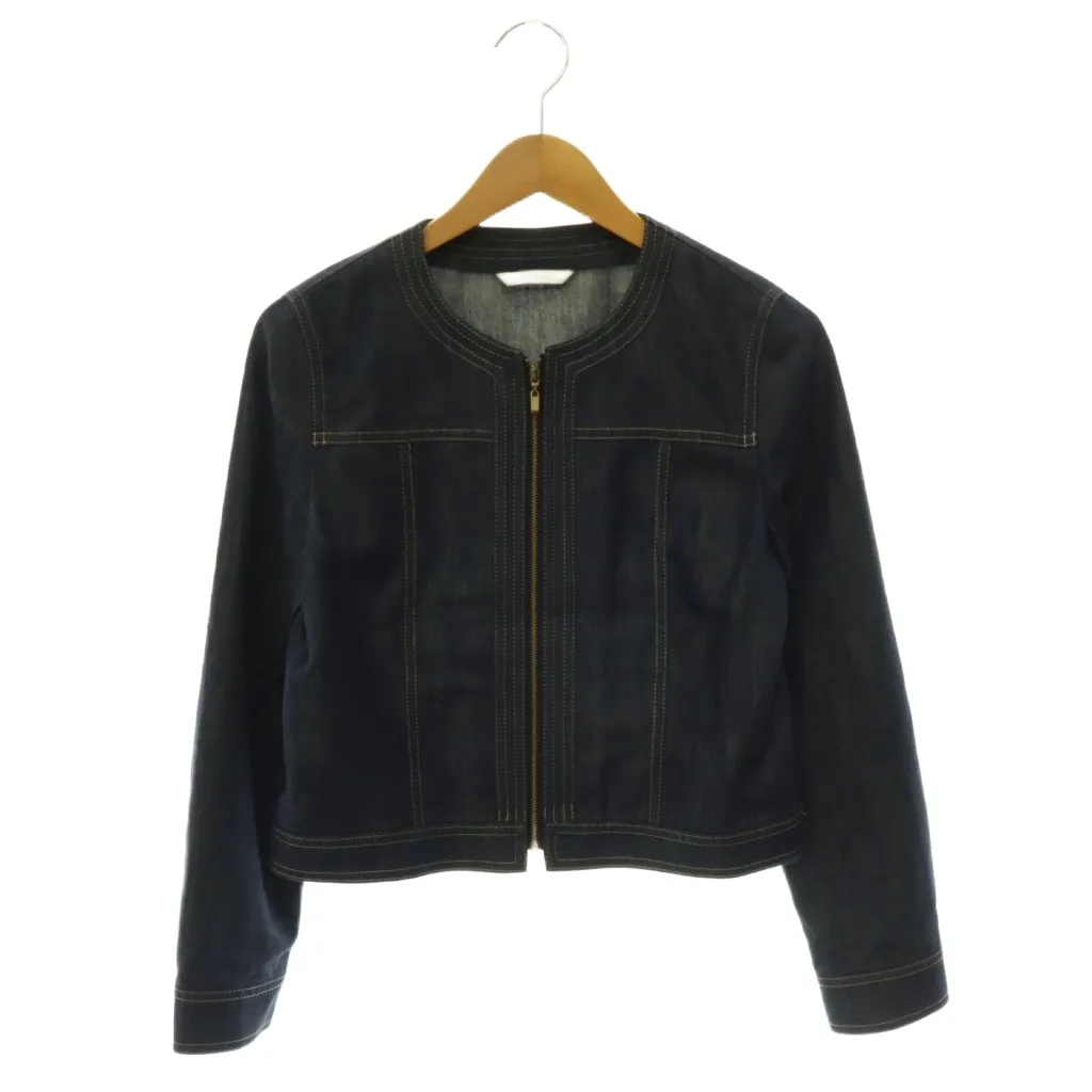美品 ANAYI アナイ ノーカラー ネイビー 38 アナイ ANAYI デニムライクノーカラージャケット ジップアップ 38