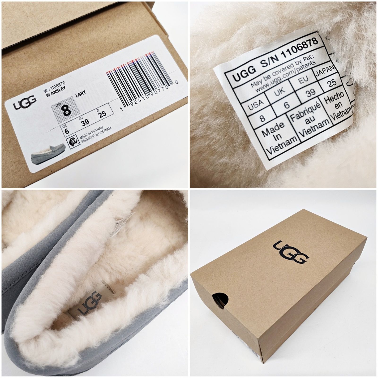 UGG 25cm アンスレー ライトグレー USA 8 ボア モカシン W ANSLEY