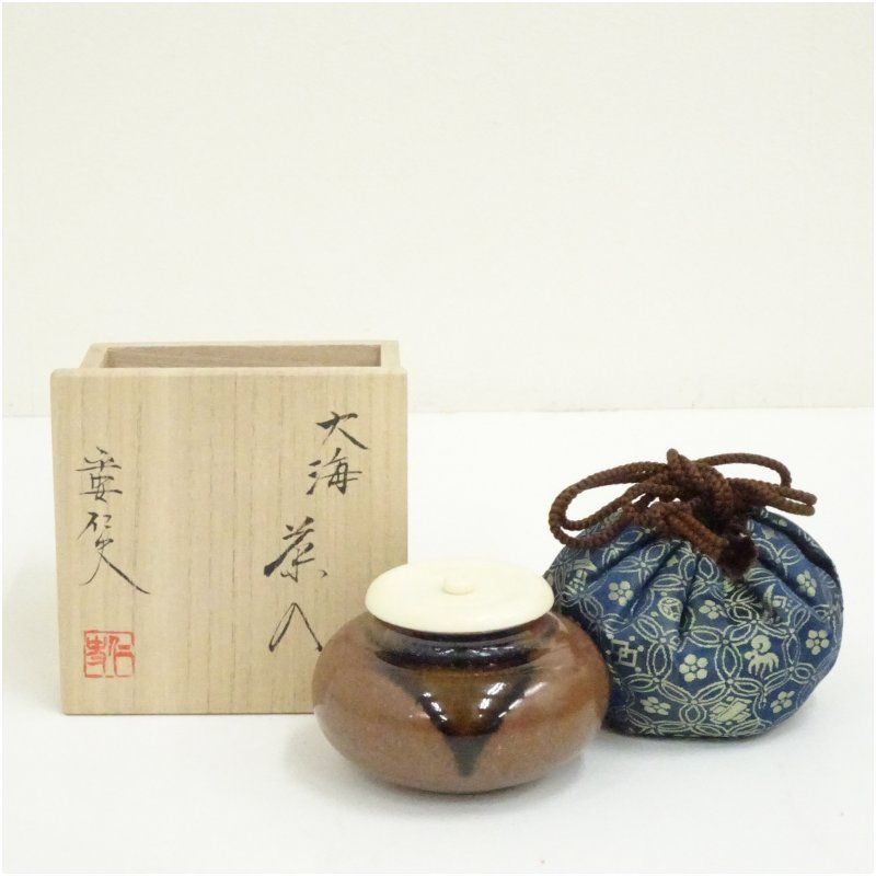 京焼　笹田仁史造　大海茶入（仕覆付）（共箱） 茶入れ 茶道 茶道具 おしゃれ 道具 濃茶 抹茶 骨董 茶器 保存 容器 お茶 茶会 茶事 茶の湯 7月 夏
