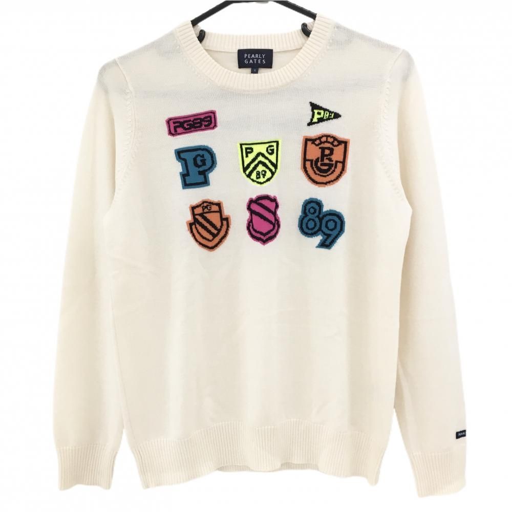 【超美品】パーリーゲイツ セーター 白 フロントロゴマルチカラー ウール100％ ニット レディース 1(M) ゴルフウェア PEARLY GATES