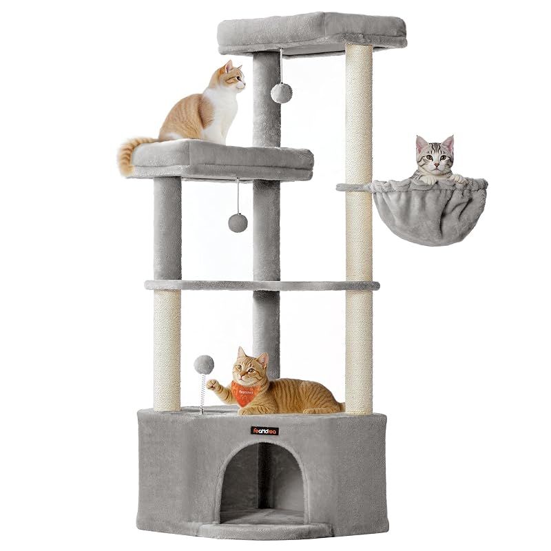 【新品】 Feandrea キャットタワー 猫タワー 大型ハウス付き 広い見晴台 大型猫 据え置き 登りやすい コーナー型キャットタワー 子猫から老猫・多頭飼い対応 天然麻紐 爪とぎ 運動不足解消 高さ140cm グレー PCT009G01 7,211円