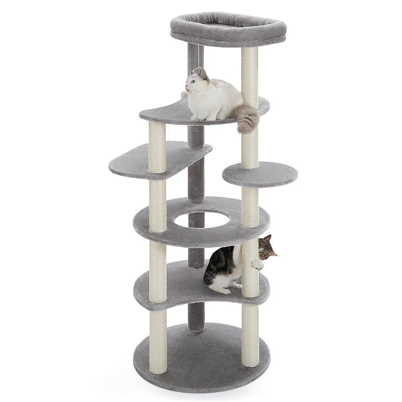 【新品】 PETEPELA キャットタワー スリム 大型猫用 多頭飼い 麻紐 爪とぎ 転倒防止ベルト付き 据え置き 高さ154cm グレー