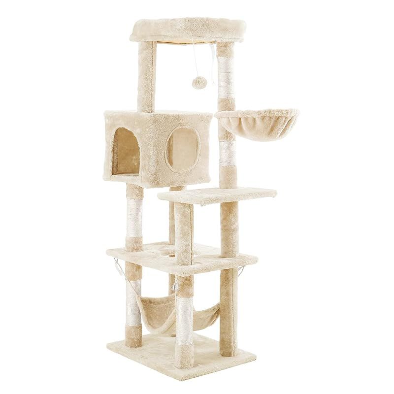 【新品】 リコメン堂 キャットタワー 据え置き スリム 爪とぎ 隠れ家 展望台 おもちゃ 多頭飼い (ベージュ, 40cm x 50cm x 140cm)