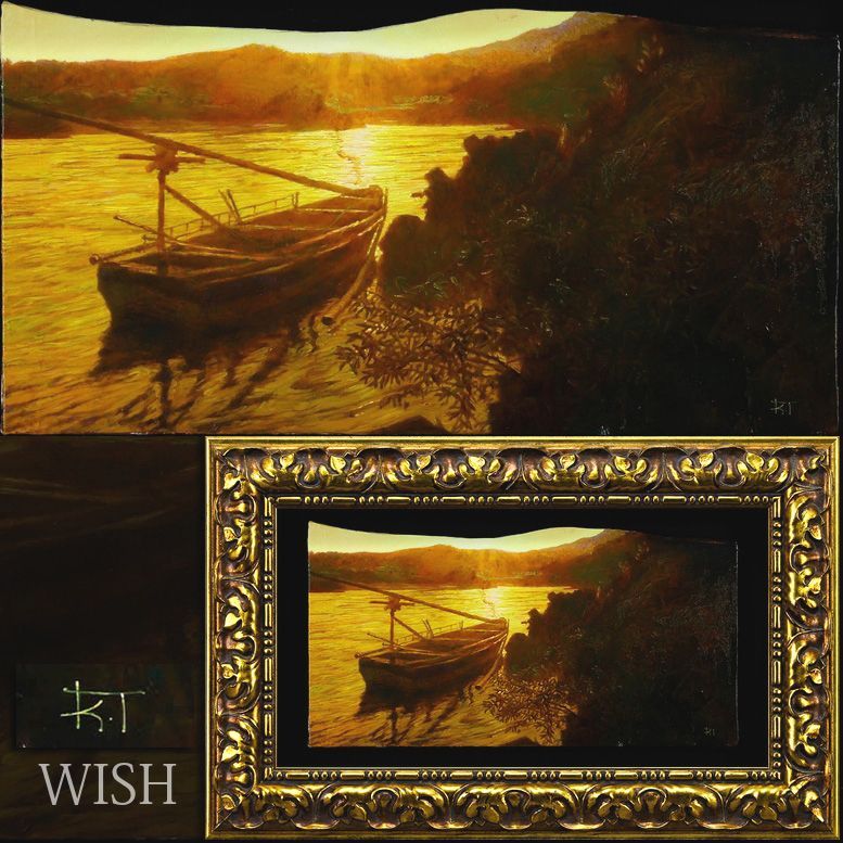 【真作】【WISH】高見和秀「夕舟」ボードに油彩 8号大 ◆夕陽に染まる岸辺の舟 〇リアリズム人気画家 多摩美術大学卒 無所属 #26082751
