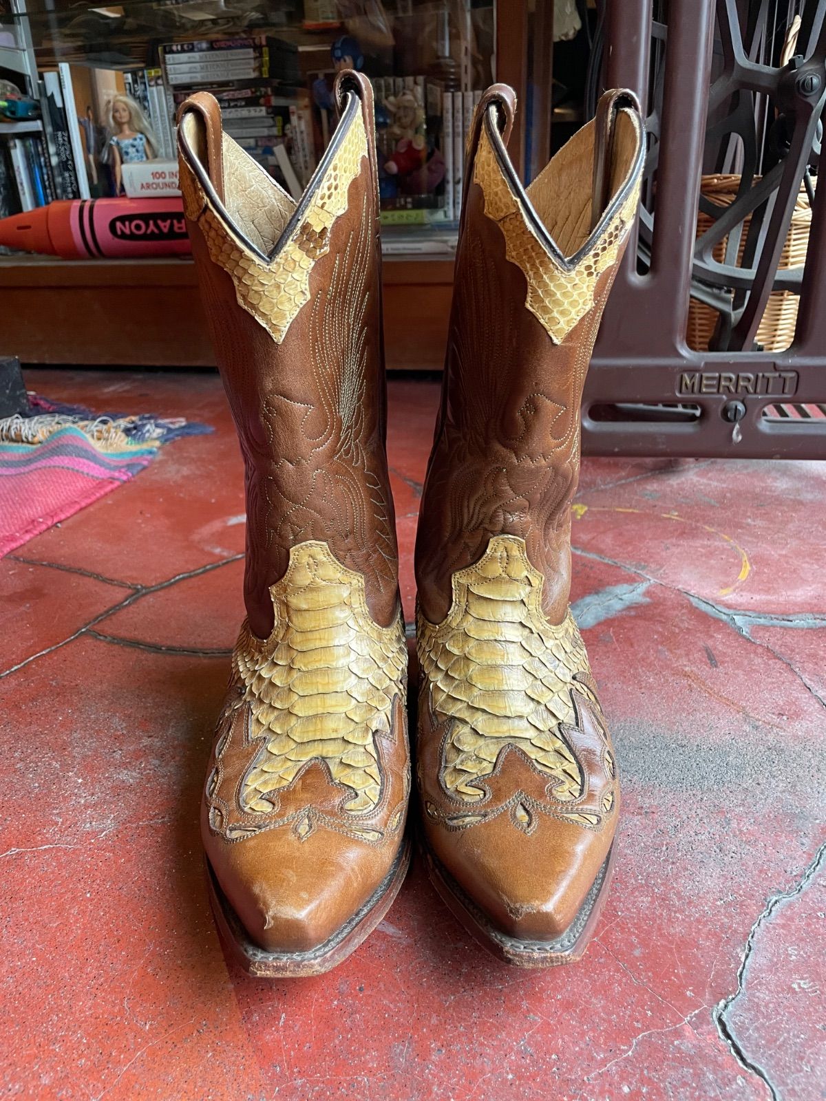 Adams Boots python × leather western boots (brown, US 8 E / approx. 26–26.5 cm, made in Mexico) 3