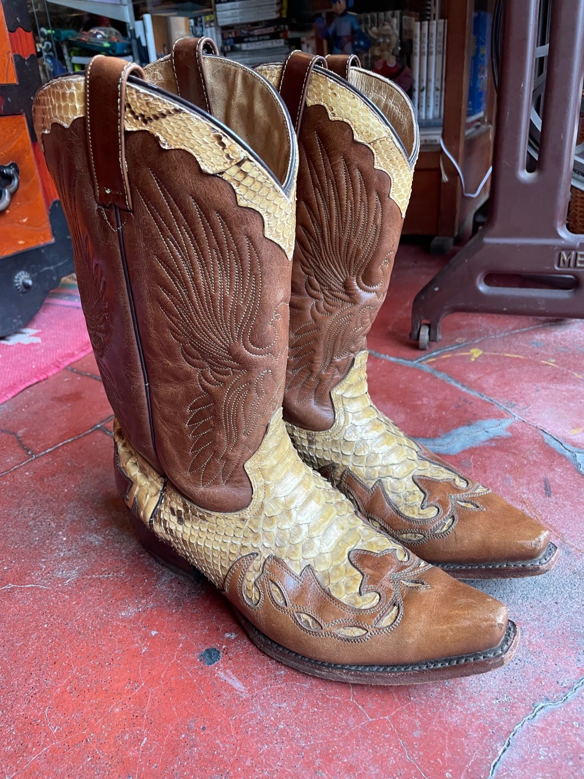 Adams Boots python × leather western boots (brown, US 8 E / approx. 26–26.5 cm, made in Mexico) 2