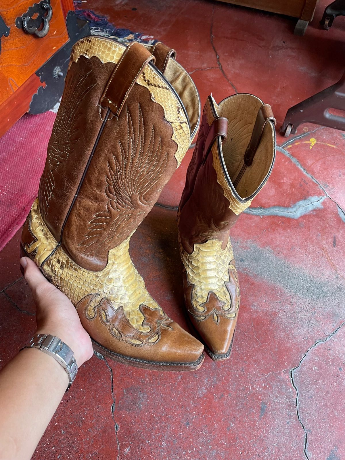 Adams Boots python × leather western boots (brown, US 8 E / approx. 26–26.5 cm, made in Mexico) 1