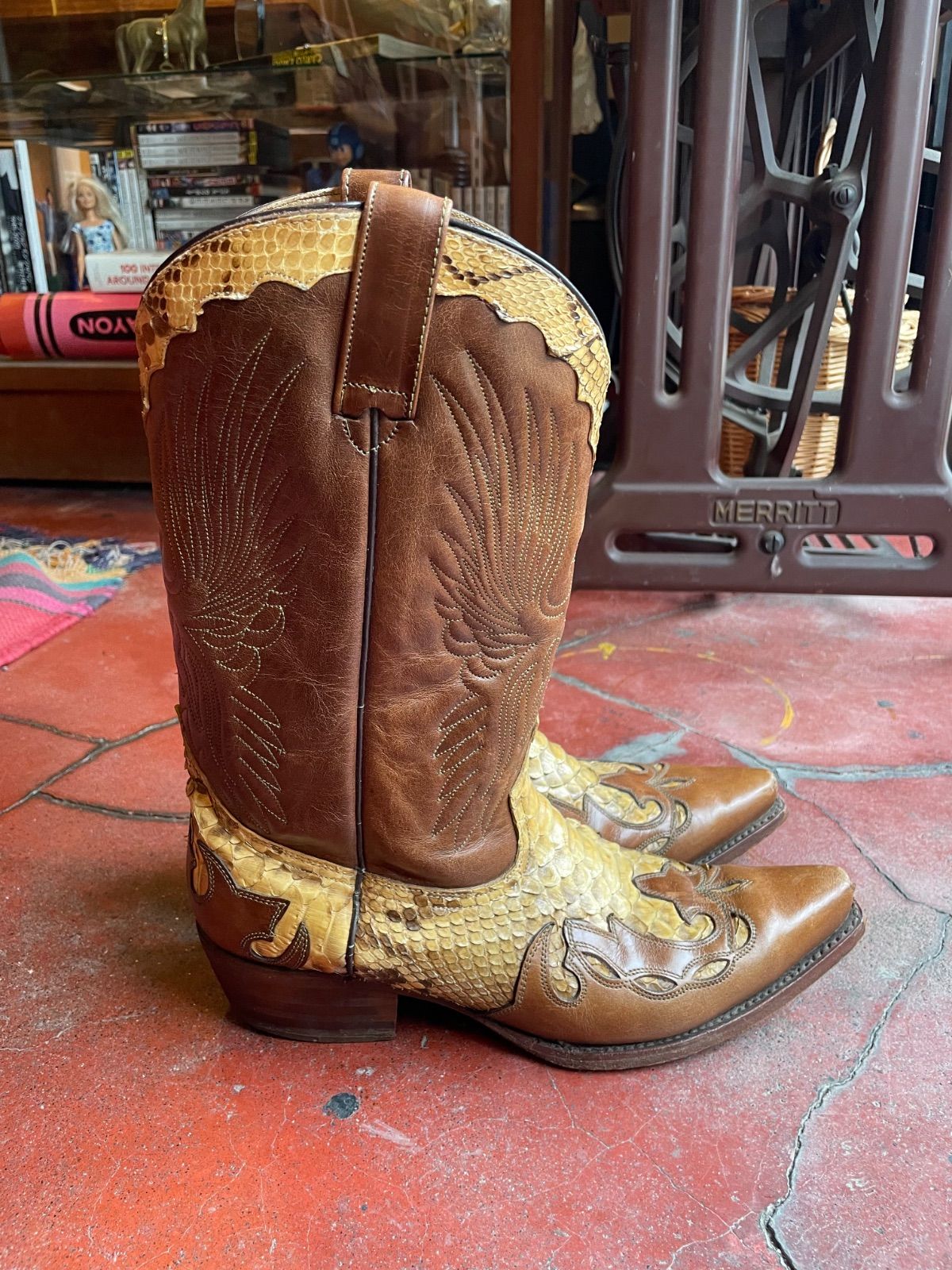 Adams Boots python × leather western boots (brown, US 8 E / approx. 26–26.5 cm, made in Mexico) 4