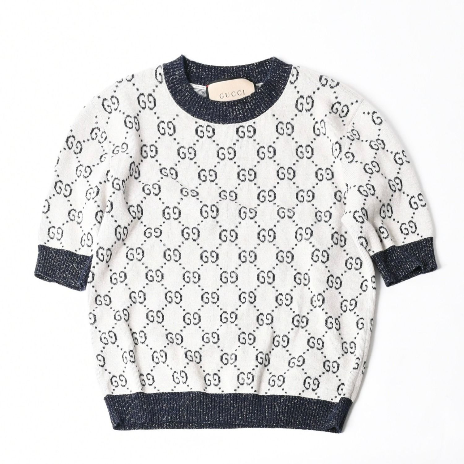 極美品 GUCCI グッチ GG総柄ラメジャガード半袖ニットセーター 692717