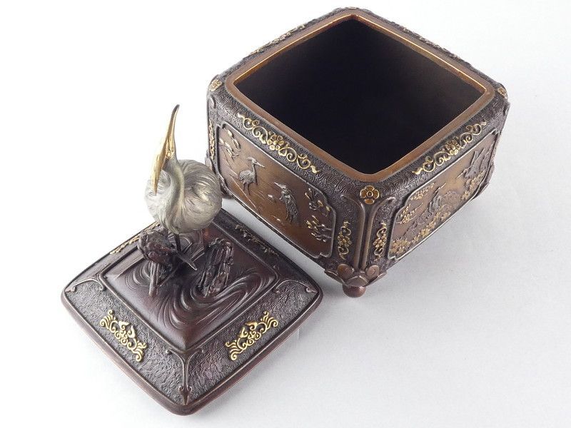 大峰 作「蝋型鋳銅香炉」共箱 約22cm 高岡銅器 鷺花鳥文 /R(L-1