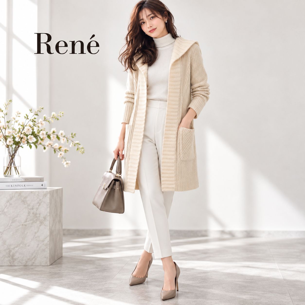 Rene フード付ロングカーディガン　ホワイト Rene 極美品 フード付 ロングカーディガン ニットコート 34 ベージュ