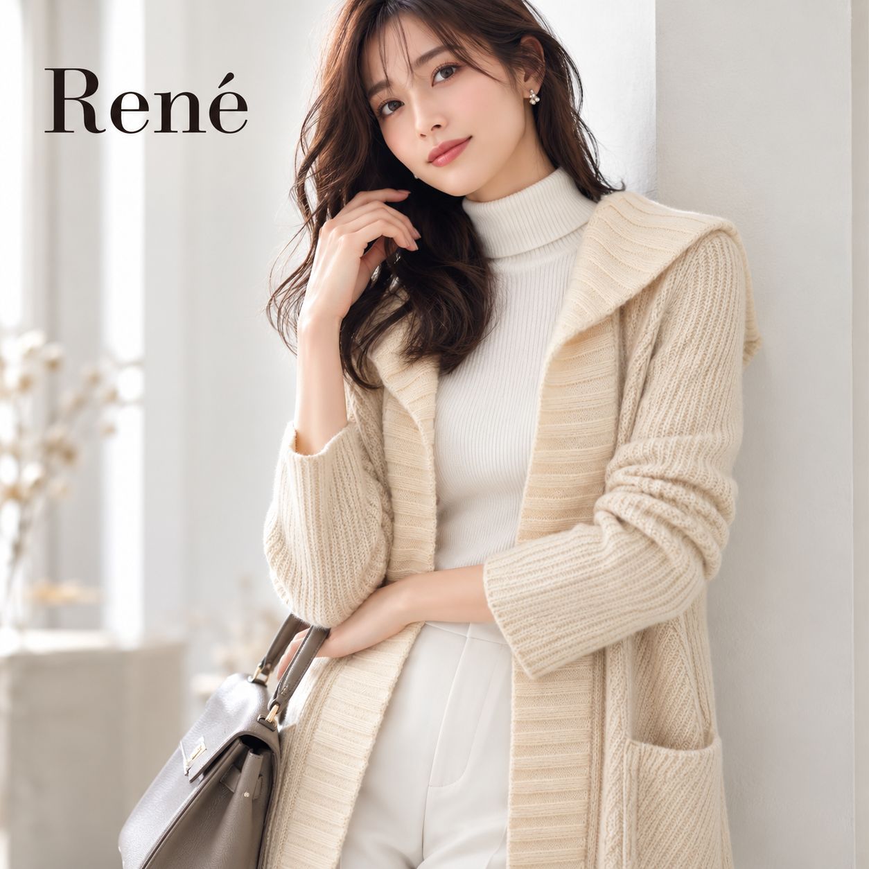 Rene フード付ロングカーディガン　ホワイト Rene 極美品 フード付 ロングカーディガン ニットコート 34 ベージュ