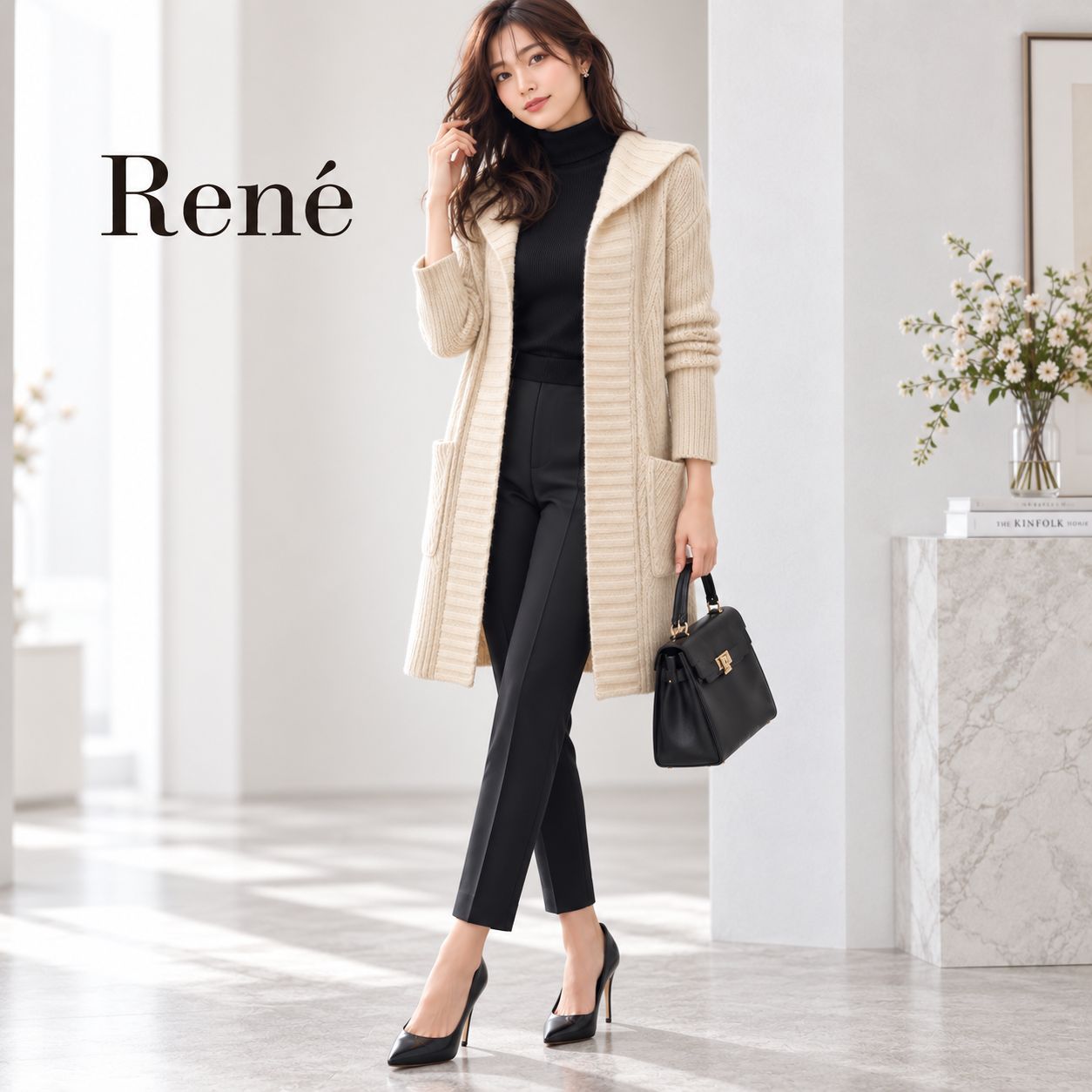 Rene 極美品 フード付 ロングカーディガン ニットコート 34 ベージュ
