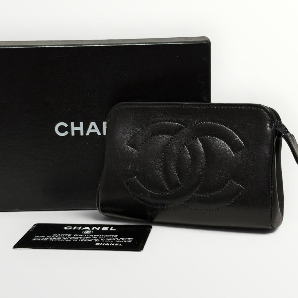 良品 CHANEL シャネル ココマーク レザー ポーチ ブラック 黒 4番台 箱
