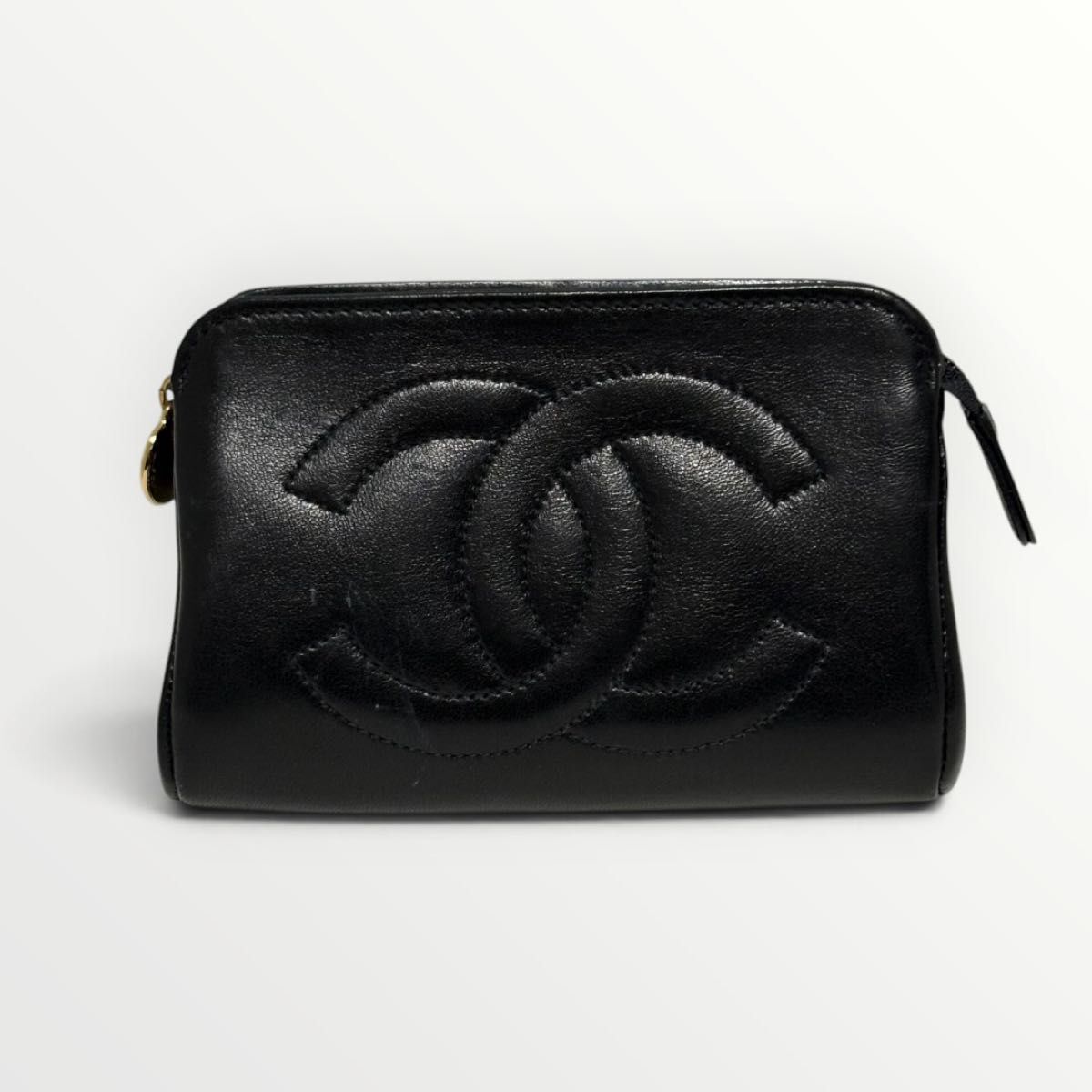 良品 CHANEL シャネル ココマーク レザー ポーチ ブラック 黒 4番台 箱