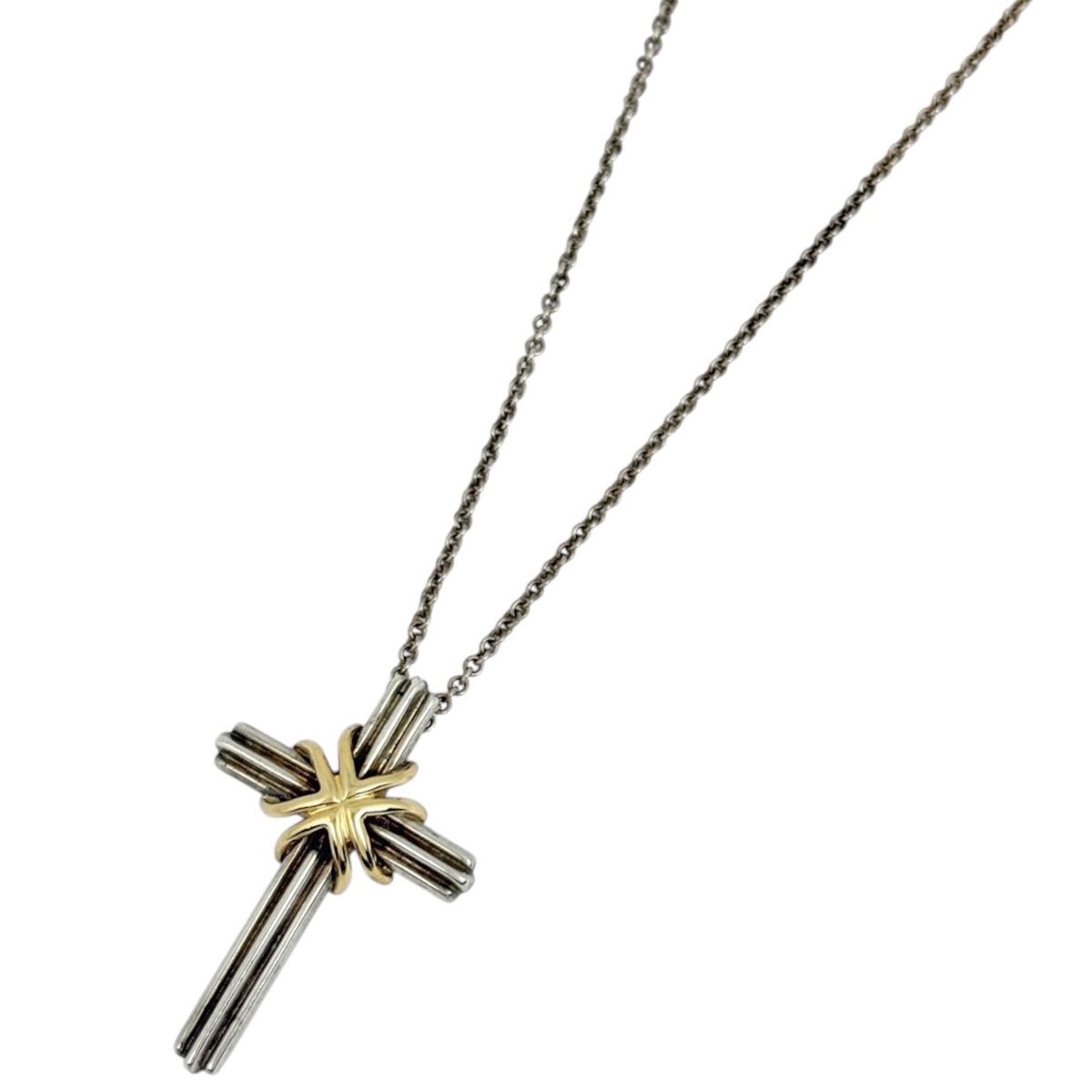 【美品】Tiffany シグネチャークロス コンビ シルバー925 K18 ティファニー TIFFANY&Co. ネックレス シグネチャー クロス コンビ K18