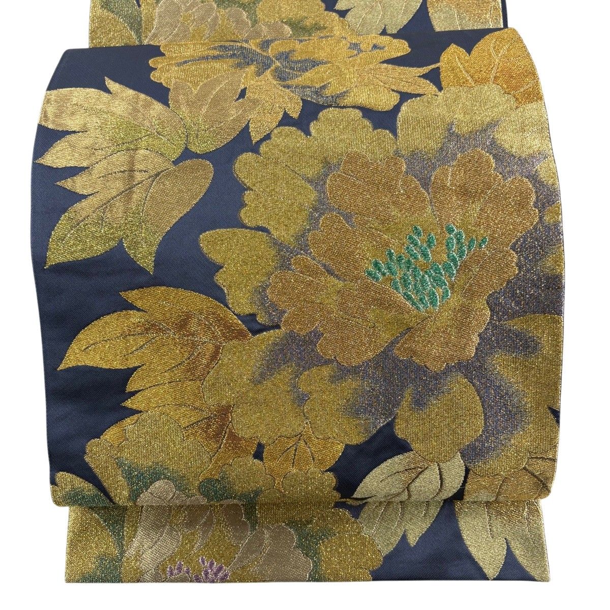 美品】 袋帯 秀品 振袖向き 牡丹 箔 金糸 紺色 六通 正絹 【中古
