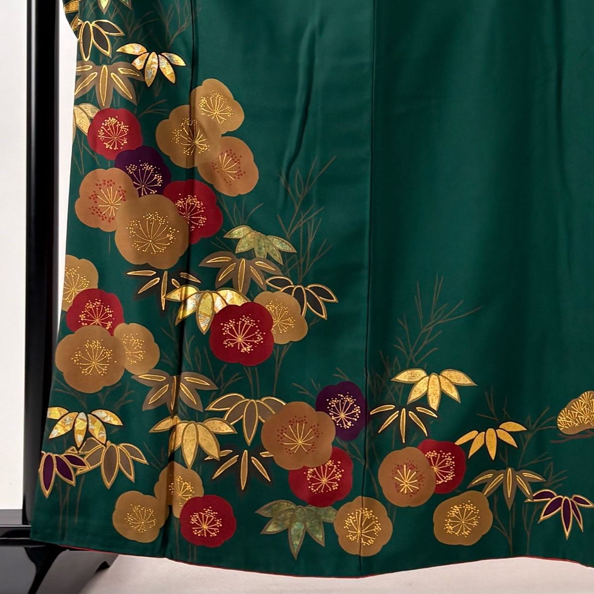 振袖 身丈162cm 裄丈65.5cm M 袷 梅 笹 金銀彩 深緑 正絹 秀品 【中古