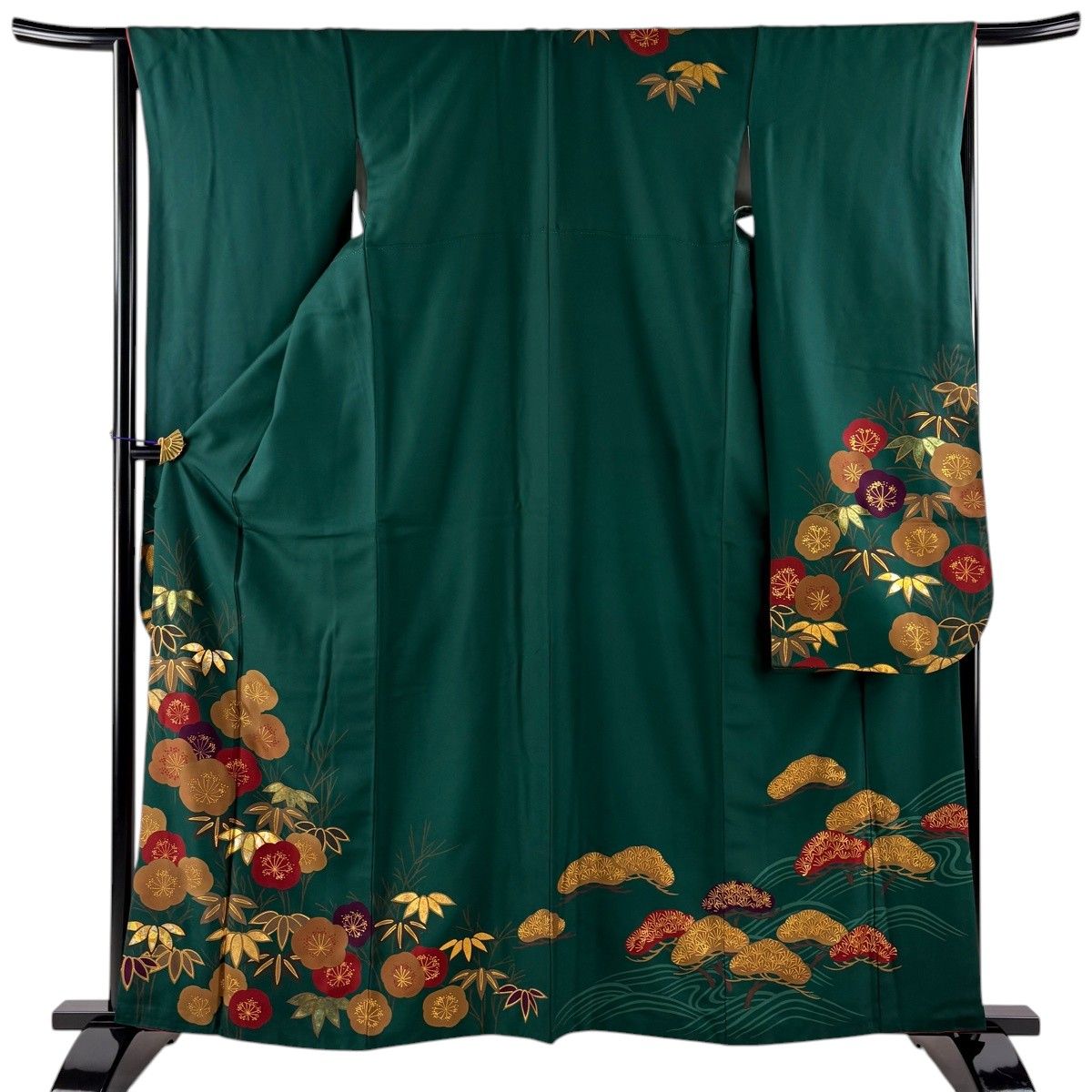 振袖 身丈162cm 裄丈65.5cm M 袷 梅 笹 金銀彩 深緑 正絹 秀品 【中古