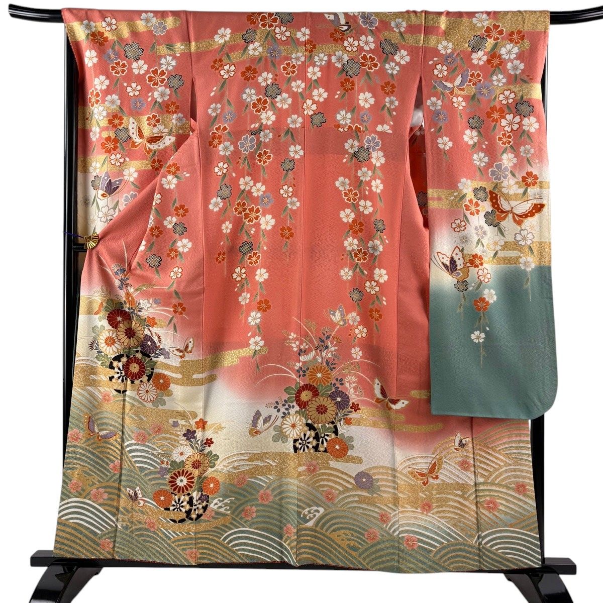振袖 身丈159.5cm 裄丈67.5cm L 袷 花車 ヱ霞 金彩 染め分け サーモン