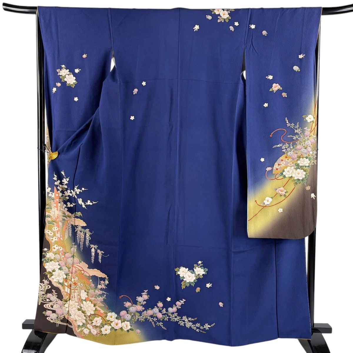 振袖 身丈162.5cm 裄丈66.5cm M 袷 御所車 草花 金彩 ぼかし 青紫 正絹