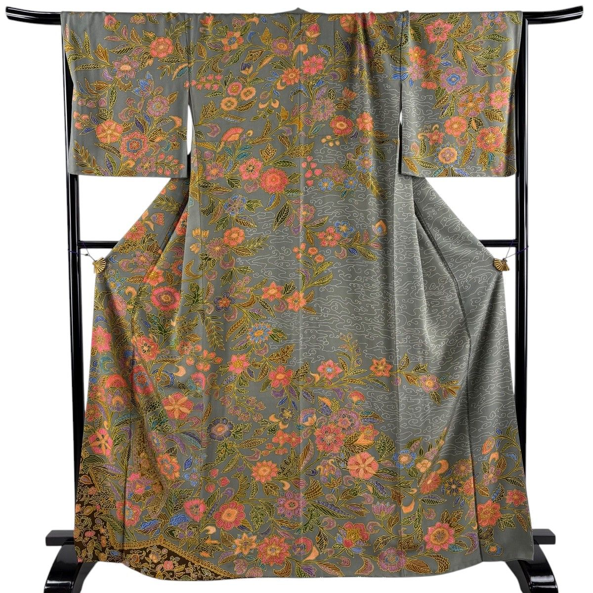 付下げ 身丈168cm 裄丈69cm L 袷 孔雀 草花 灰色 正絹 秀品 【中古