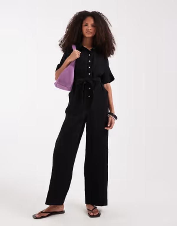 オンリー レディース トップス ジャンプスーツ ONLY tie waist short sleeve jumpsuit Black ブラック