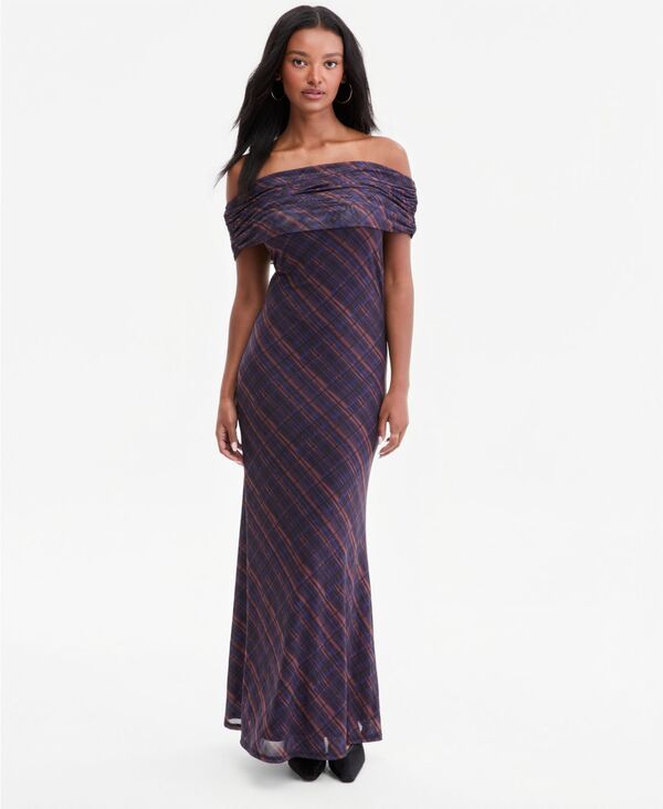 バースリー レディース トップス ワンピース マキシ Bar III Womens OffTheShoulder Maxi Dress Midnight Plaid チェック 8,861円