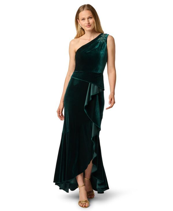 アドリアナ パペル レディース トップス ワンピース プチ ワンショルダー ベルベット Adrianna Papell Petite OneShoulder Velvet Dress Hunter