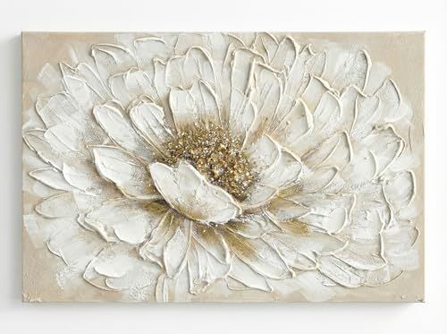 BRMM MIA 油絵・絵画、フレーム付きキャンバスの油彩画、手描きのモダンな抽象の大きな壁画、ホームデコレーションアート (白い花)ym 610aa035