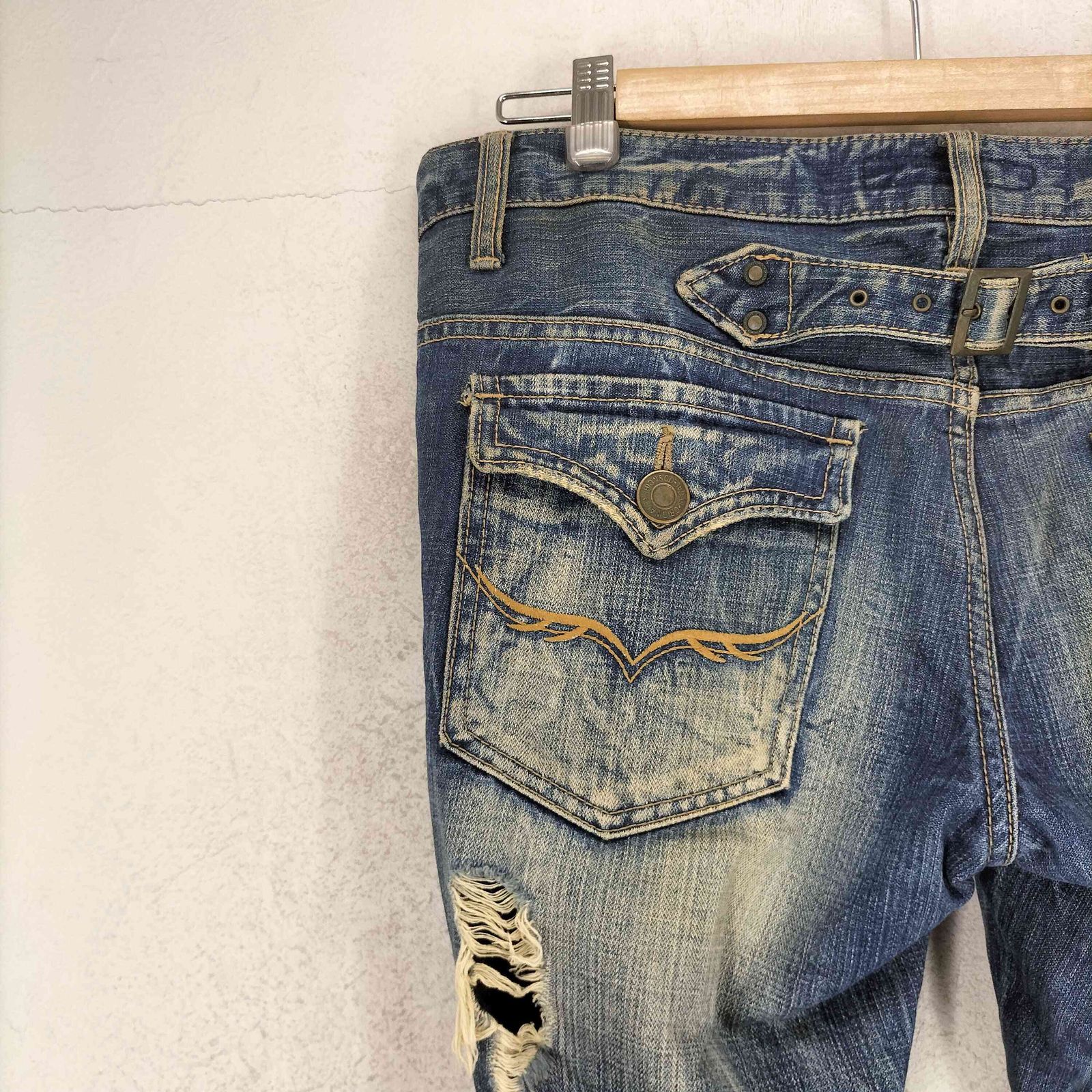 FUGA デニムパンツ ダメージ加工 フレア ヴィンテージy2kアーカイブ平成 フーガ FUGA シンチバック ダメージ ペイント加工 フレア デニムパンツ
