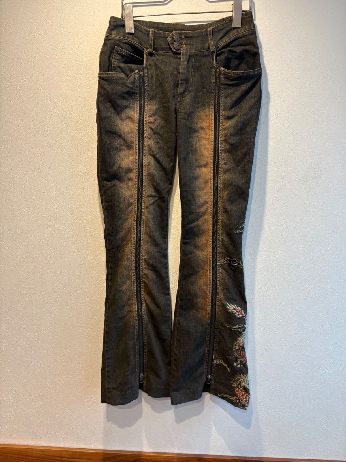 Ozz On hikozoh Dragon Embroidered Black Denim Flare Pants Double