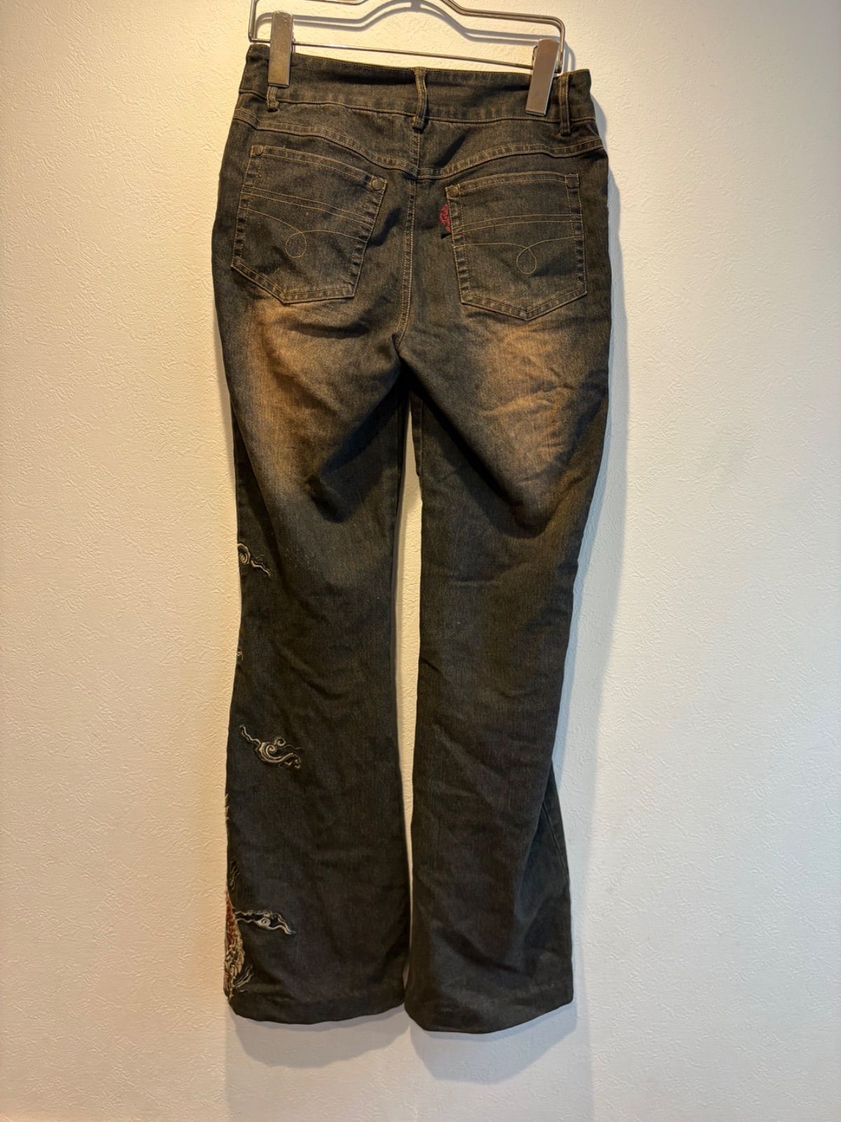 Ozz On hikozoh Dragon Embroidered Black Denim Flare Pants Double
