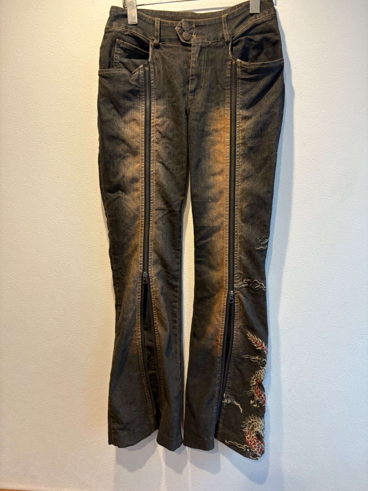 Ozz On hikozoh Dragon Embroidered Black Denim Flare Pants Double